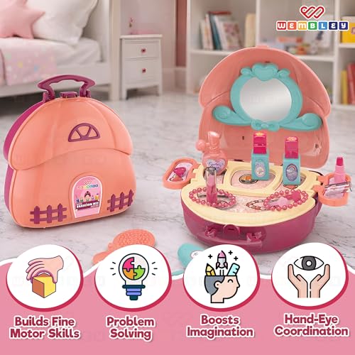 Image of Wembley Makeup Kit Set for Kids Ages 3-6 Year Old Girls | 2-in-1 Playset Portable Pretend Play Toy for Baby Girl | Safe and Non-Toxic | Lightweight Bag Style Kit | Birthday Gift for Girls of 3 to 6
