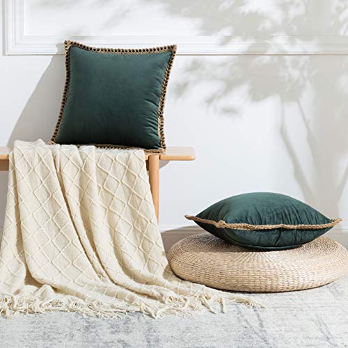 Aqothes Pack Of 2 Velvet Decorative Farmhouse Burlap Trimmed Tailored Edges Decor Pillow Cover Cushion Throw Pillows For Couch Sofa, 18 X 18 Inch, Dark Green #TOP4