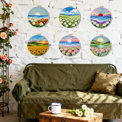 Image of BEUNITONE 6 Set Flower Sea Starter Embroidery Kit with Pre-stamped Pattern Needlepoint Craft Kits with Embroidery Hoops Complete DIY Handmade Cross Stitch Set for Home Decor and Festival Gifts 20x20cm