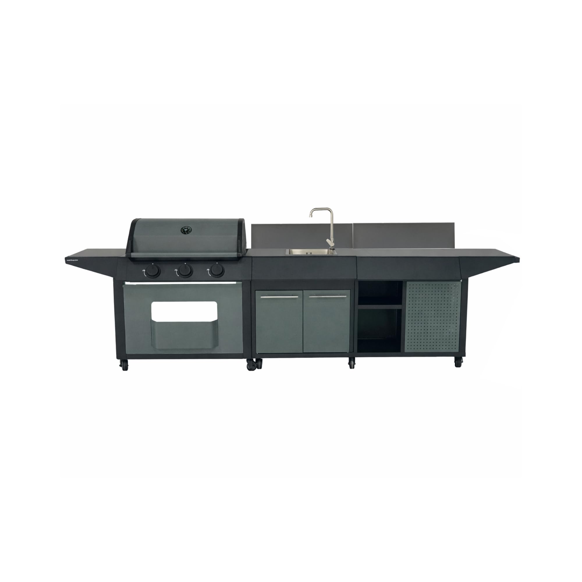Cook'in Garden - Cucina Esterna a Gas BURN, Barbecue con Carrello e Lavello Integrati, 3 Bruciatori, Spazio di Archiviazione Aggiuntivo, Rubinetto con Uscita Acqua, Funzione Piastra e Barbecue