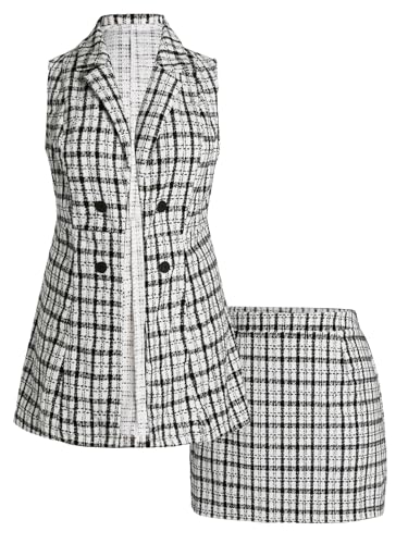 Women's Plus Size 2 Piece Outfit Plaid Lapel Collar Open Front Blazer Vest and Mini Skirt Work Set