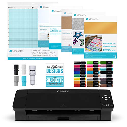 Silhouette Cameo 4 Craft Bundle, Sketch Pens, Sticker, Tattoo and Kraft Paper, Sample Pack, Printable Cardstock, Silhouette Handbook and 10 Designs - Black Edition