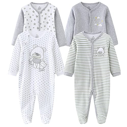 Image of MAMIMAKA Baby Boys Girls Footies One-Piece Romper Long-Sleeve Jumsuit Cotton Newborn Clothes Set 4-Pack, 3-6 Months