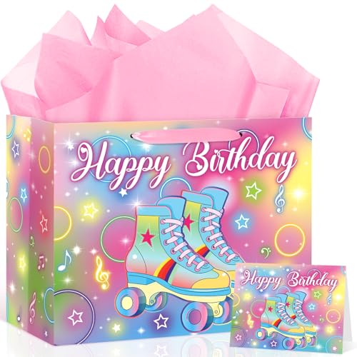 Rollschuhlauf-Geburtstagsdekorationen, Neon-Regenbogen-Rollschuhe, Geburtstagsgeschenktüte mit Geschenkpapier und Karte, groß, bunt, Rollschuh-Party-Geschenkpapiertüte Rollschuhlauf-Geburtstagsdekorationen, Neon-Regenbogen-Rollschuhe, Geburtstagsgeschenktüte mit Geschenkpapier und Karte, groß, bunt, Rollschuh-Party-Geschenkpapiertüte