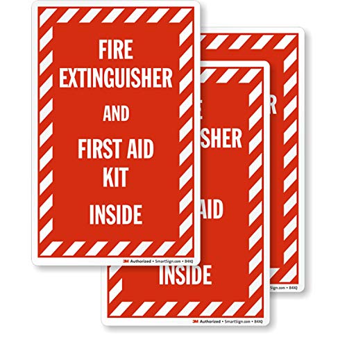 SmartSign Fire Extinguisher and First Aid Kit Inside Label | 3M Engineer Grade Reflective Decal, Set of 3, Made in USA