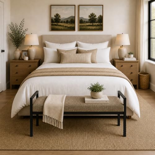 Image of HomePop Modern Metal Bench|Bench for Living Room & Bedroom | Decorative Home Furniture - Brown Boucle