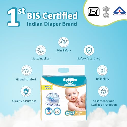 Image of Amazon Brand - Supples Premium Diaper Pants | for Newborn Babies | 80 Diapers | NB /XS | Up to 5 Kg | 12 Hrs Absorption | Cushiony Cotton Soft Fabric | Phthalates-Free | Triple Leak Guard