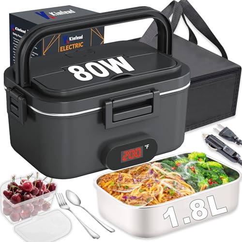Kimfead Fiambrera eléctrica para adultos, con indicador de temperatura, 80 W, color negro, 1,8 l, portátil, para trabajo, coche, camión, 110 V, 12 V, 24 V, tenedor