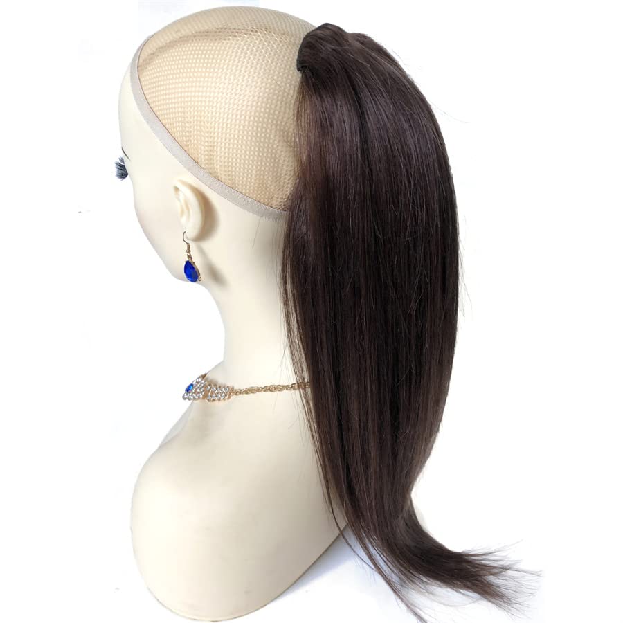 16" Human Hair Ponytail Extension Drawstring Straight Medium Brown #4 Real Remy Hair Piece for Black Women