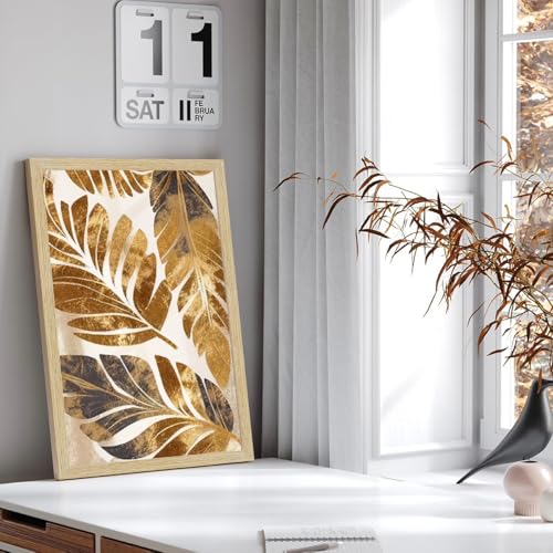 Image of ArtX Paper Leaf Paintings For Wall Decoration, Home Decor Wall Art, Hotel Wall Painting for Living Room, Multicolor, Natural Wood Color Frames, 12.0x18.0 inch, Set of 3