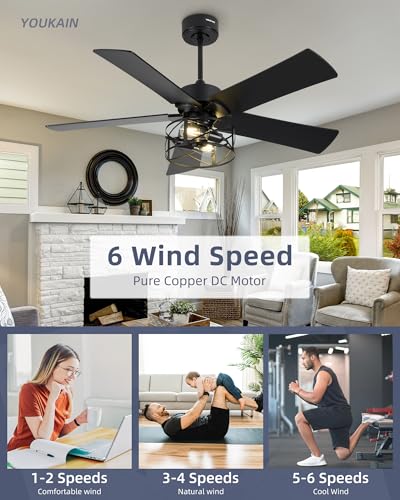 Image of YOUKAIN 48-Inch Farmhouse Ceiling Fan with Lights and Remote, Matte Black