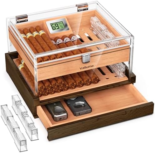 VALLUME Acrylic Humidor Box,High-Definition Transparent Cigar Case,Lock Latches and 90-Degree Opening Hinges Cigar Box,Cigar Accessory Drawer,Digital Hygrometer and Humidifier,Holds About 50-60 cigars