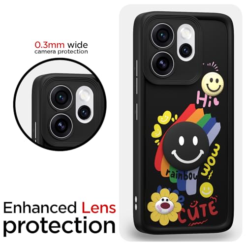 Image of Pikkme Back Cover for Oppo Reno 15 Pro Mini 5G | Soft Silicone| Cute Rainbow Smile & 3D Cartoon Flower Design | Shockproof Raised Camera Protection Bumper Case (Black)