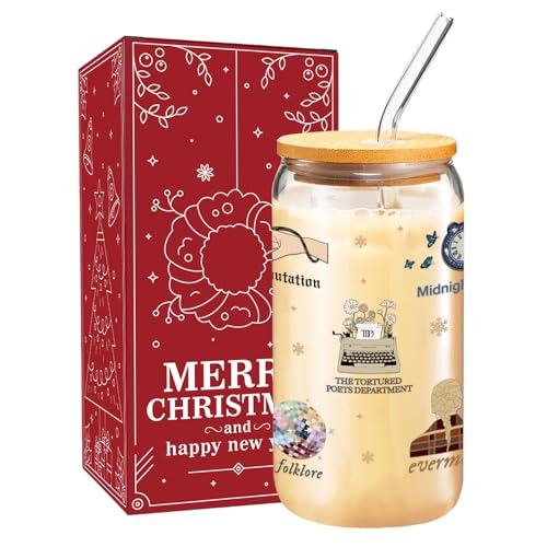 Arsemica Christmas Glass Cup for TS Fans, 16 oz Glass Cup with Lid Straw & Cleaning Brush, Christmas Coffee Drinking Glass Tumbler for Women Girls, Singer Merch Party Supplies White Elephant Gifts