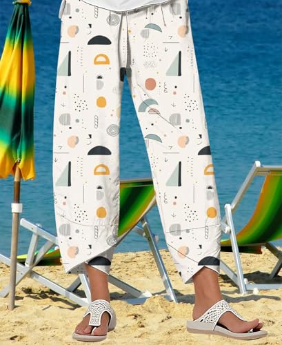 Summer Cotton Linen Printed Pants Casual Cropped Palazzo Lounge Pants Trendy Comfy Baggy Trousers with Pockets2