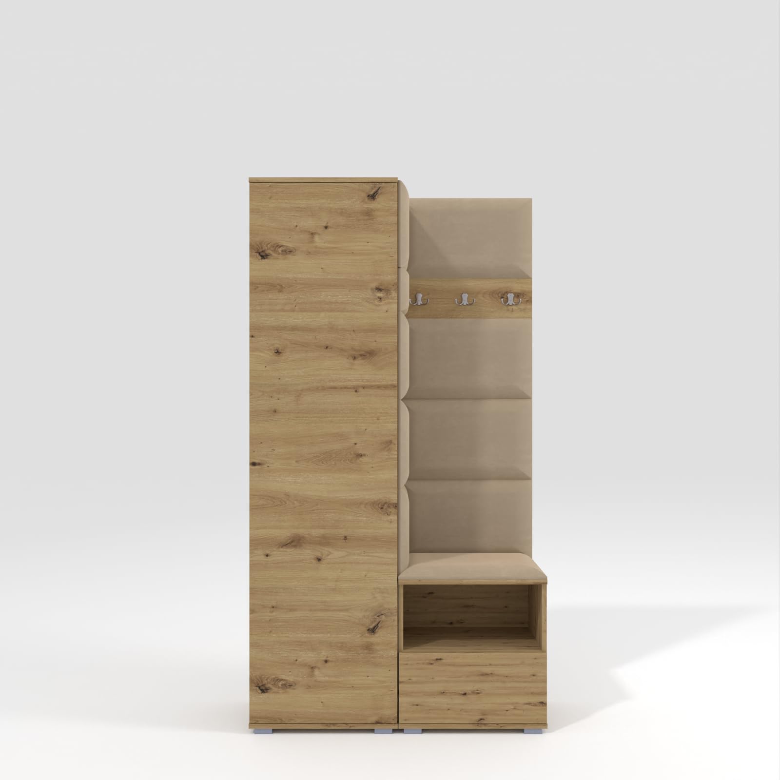 RAVIO Flurgarderobe 100 cm mit Kleiderschrank & Schuhschrank, Garderobenset Flur mit Sitzbank, Garderobenpaneel, Wandpolster & Push to Open Türen - Artisan Eiche/Wandpaneele Beige