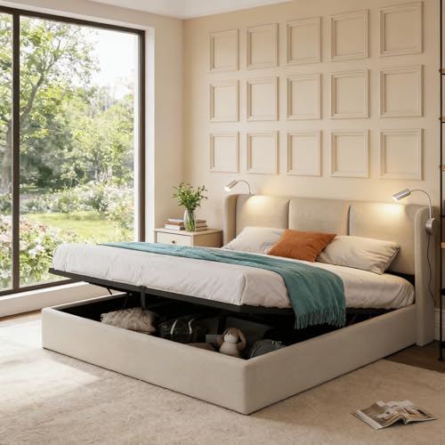 PerGar Cama Matrimonio 160x200, Cama 160x200 con almacenaje, Canape con Cabecero, Camas matrimoniales con luz de Lectura y somier, Moderne Camas Juvenil, Hidráulica Espacio, Lino, Beige, Sin Colchon