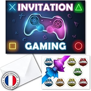 Kit créatif de 6 cartes d’invitation en français pour anniversaire sur thème gamer pour 6 invités (6 cartons d…