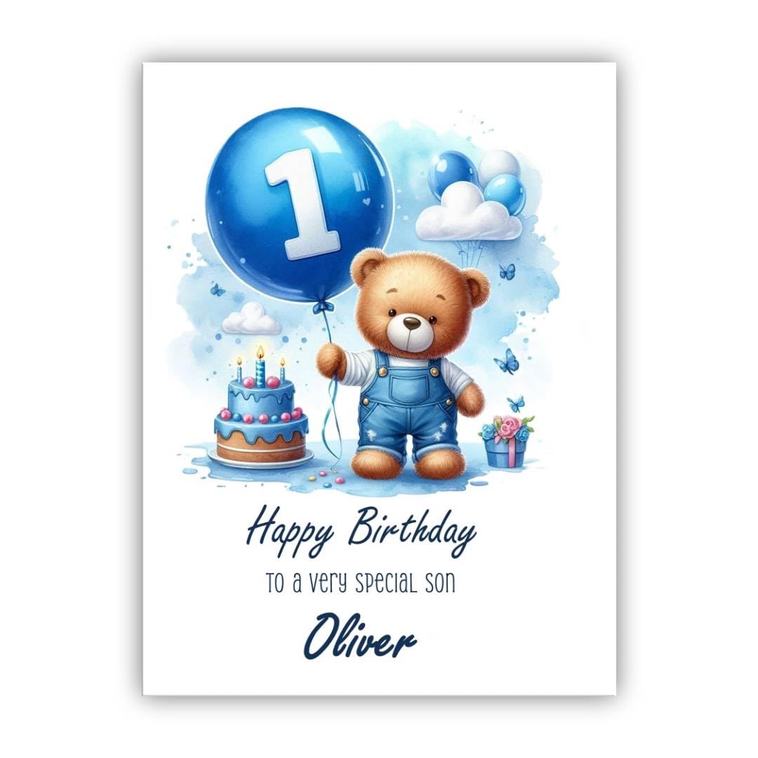 Personalised 1st birthday card for boy. First birthday card for son, grandson, nephew, brother, godson, boy, cousin. Teddy bear 1st birthday.