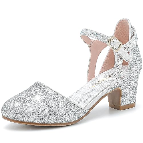 Image of LAURMOSA Girls Dress Shoes Closed Toe Pumps High Heels for Little Big Kid | Flower Shoes for Girls, 1.75-inch Chunky Heel, Ankle Strap, Closed Toe, Wedding, Party, Church, Graduation, First Communion