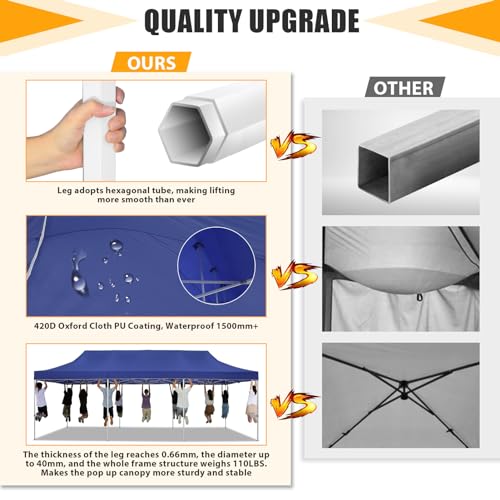 Image of HOTEEL 10x30 Heavy Duty Pop Up Canopy Tent for Parties Event Wedding Commercial Instant Canopy with Wheeled Bag, Party Tent Waterproof UV 50+&Windproof, Upgraded Thick Hexagonal Legs, Deep Blue