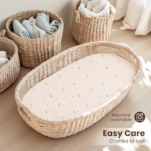 Image of Konssy 2 Pack Muslin Bassinet Sheets for Baby Boy, 100% Cotton Soft Breathable Bassinet Mattress Sheets Fit for Hourglass Oval Cradle Rectangle Mattress (Coffee Check,Moon)