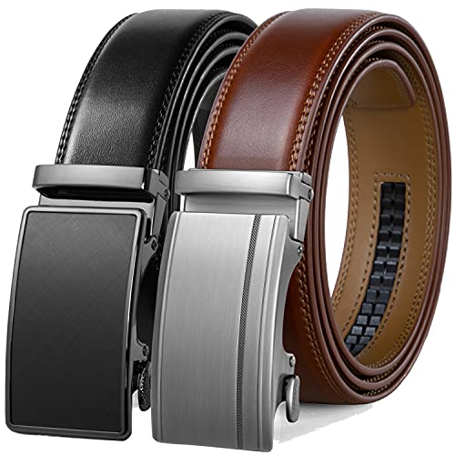 Image of Founders & C Mens Belt 2 Pack,Leather Ratchet Click Belt Dress with Slide Buckle 1 3 /8 inch in Gift Set Box- Size Adjustable