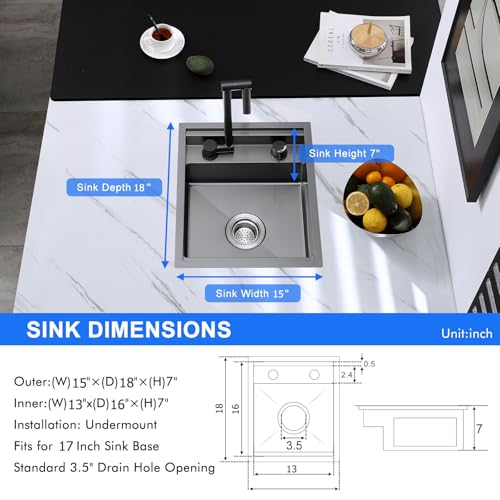 Image of 15 inch x 18 inch RV Kitchen Sink with Fold-Down Faucet - 18 Guage Stainless Steel Undermount Bar Sink for Campers and Small Spaces(Black)