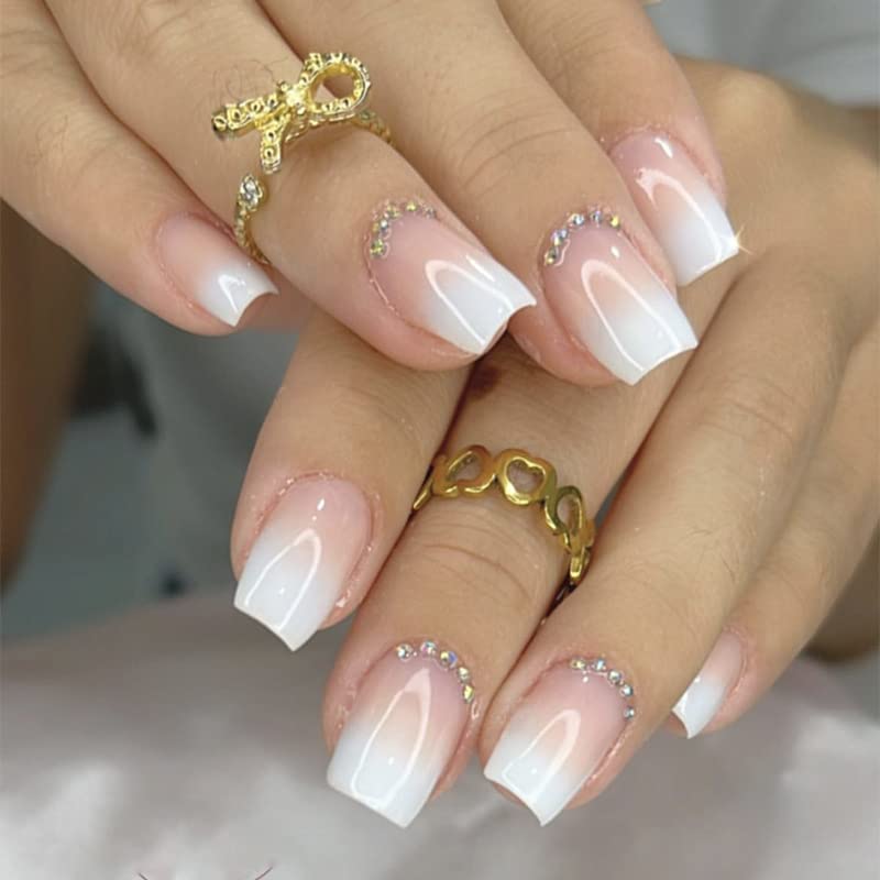 White Gradient Press on Nails Short Square Fake Nails Nude False Nails with Rhinestone Design Full Cover Nude Glossy Reusable Artificial Acrylic Nails for Women and Girls DIY Manicure Decoration 24Pcs