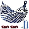 MOSFiATA Hammocks Portable Camping Hammock Upgraded 550lb Comfortable Fabric Hammock with Two Anti Roll Balance Beam and Sturdy Metal Knot Tree Straps for Camping, Patio, Backyard, Outdoor(Blue White)