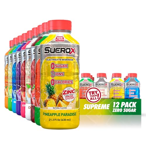 Image of SueroX Sugar Free Electrolyte Drink, Supreme Pack, 21.3 Fl Oz, 12 Count | Sports Drink with 8 Ions, Zero Sugar, Zero Calories, Hydration & Recovery