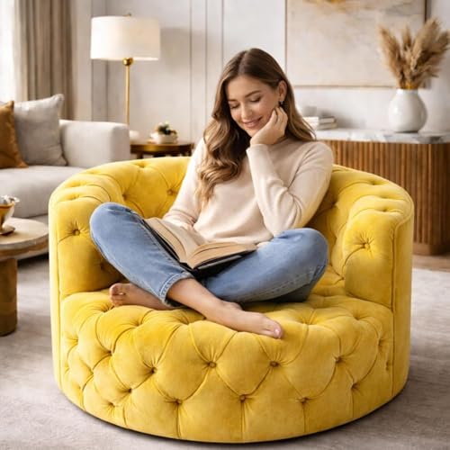 Image of SOFALIZE - Modern Barrel Accent Round Sofa with Pillows, Oversized Arm Chair, Cozy Club Chair for Bedroom, Living Room, Lounge, Hotel & Office Hallways, Yellow, 127cm x 127cm x 80cm