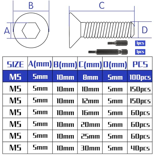 100 Stk Senkkopfschrauben M5x8mm Edelstahl Innensechskant M5 Edelstahlschrauben DIN 7991/ISO 10642 Senkkopf Schrauben Steckdose Gewindeschrauben Senkschraube mit 2 Stk Sechskant Schrauberkopf(Silber)