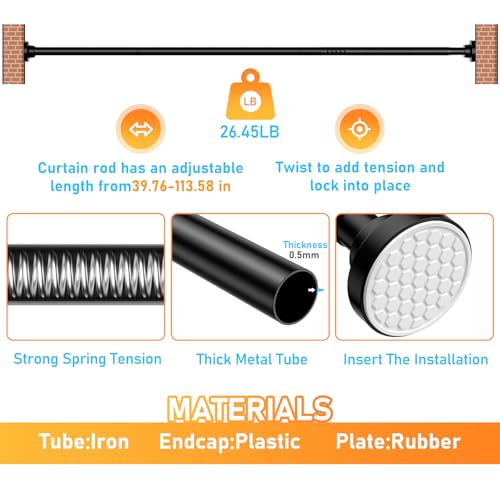 Image of MEXAU Black Tension Curtain Rod 40-113 Inch Long Tension Rod 1.26 inch Spring Tension Curtain Rod Adjustable Curtain Rods No Drilling Tension Shower Rod Curtain Tension Rod for Bathroom Windows Doorways
