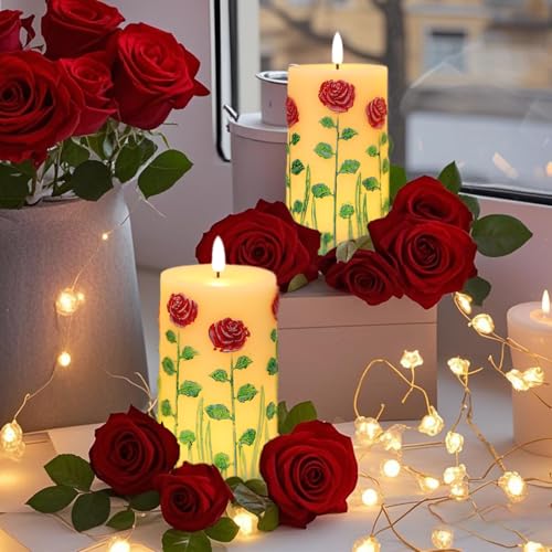 Image of Eldnacele Rose Flameless Candles with 6 Hour Timer, Battery Operated Hand Painted 3D Wick Flickering Real Wax LED Pillar Candles for Spring Dinner Christmas Holiday Decor((2Pcs, D3xH6.5)