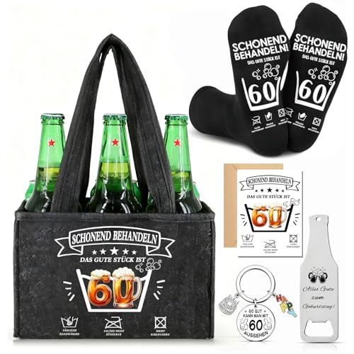 Wryzorix Männerhandtasche Bier Geschenkset Geburtstagsgeschenk Mann 60.Geburtstag Geburtstagsgeschenk für Männer Bier Handtasche Socken Flaschenöffner Schlüsselanhänger & Karte Biergeschenke Männer