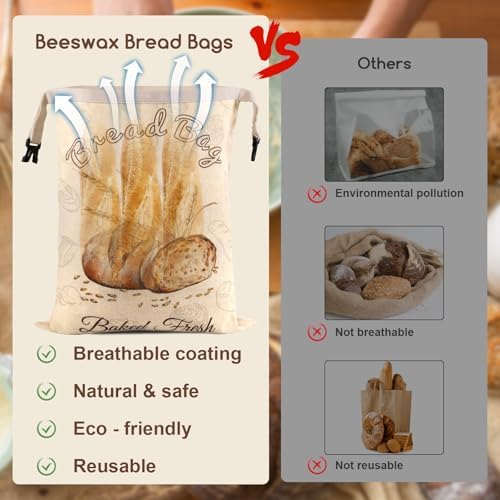 Fufeisi 2 Pack Beeswax Bread Bags for Sourdough Storage XL 17" x 13" - 3