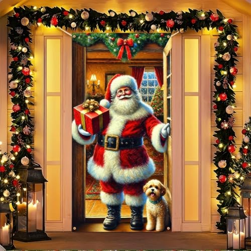 Image of BlissYard Christmas Door Cover Santa Wrapped Box 35x71 Inch Polyester