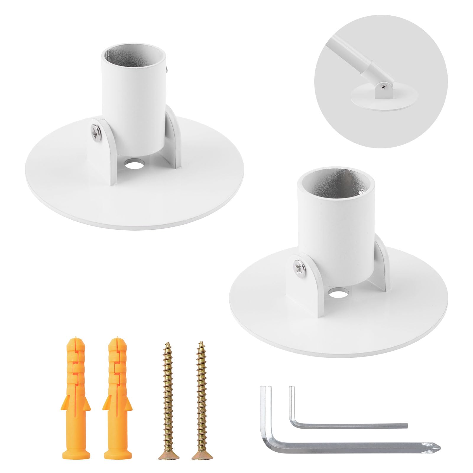 UFURMATE Adjustable Shower Curtain Rod Bracket, 2Pcs Different Sizes Titanium Steel Single Swivel Flange Heavy Duty Closet Rod Holder with Screws (White, Inner Dia. 22mm & 26mm) — image 1