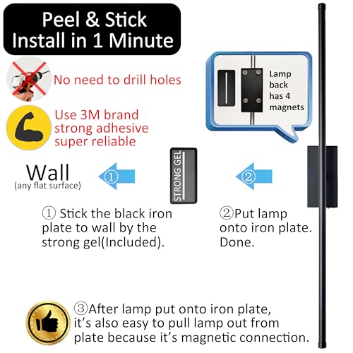 Easy Install Peel and Stick on Battery Operated Wall Sconces Set of 2 Rechargeable, Magnetic Linear Wall Sconce Wireless Long Picture Vanity Wall Light for Living Room Bedroom (2 Pack, 28.3'', Black)