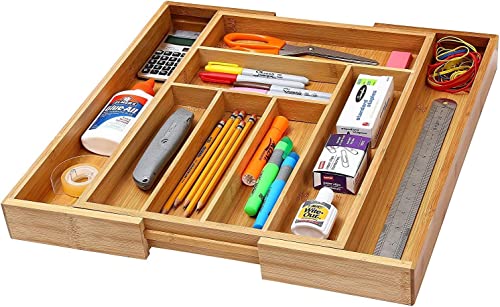 Image of YBM Home & Kitchen Expandable 6-compartment Kitchen Utensil, Flatware, Cutlery Drawer Organizer Tray Size 18 inch width (12.5 inch wide closed), 17. inch Length, 2 inch Height. Item No.339