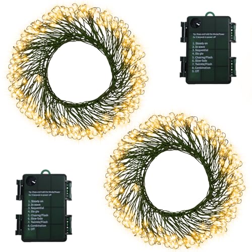 Image of 2 Pack Battery Christmas Fairy Lights, Total 20Ft 400 LED String Lights | Dark Green Copper Wire Cluster String Light Waterproof with Timer 8 Modes for Xmas Tree Garland Decor (Warm White)