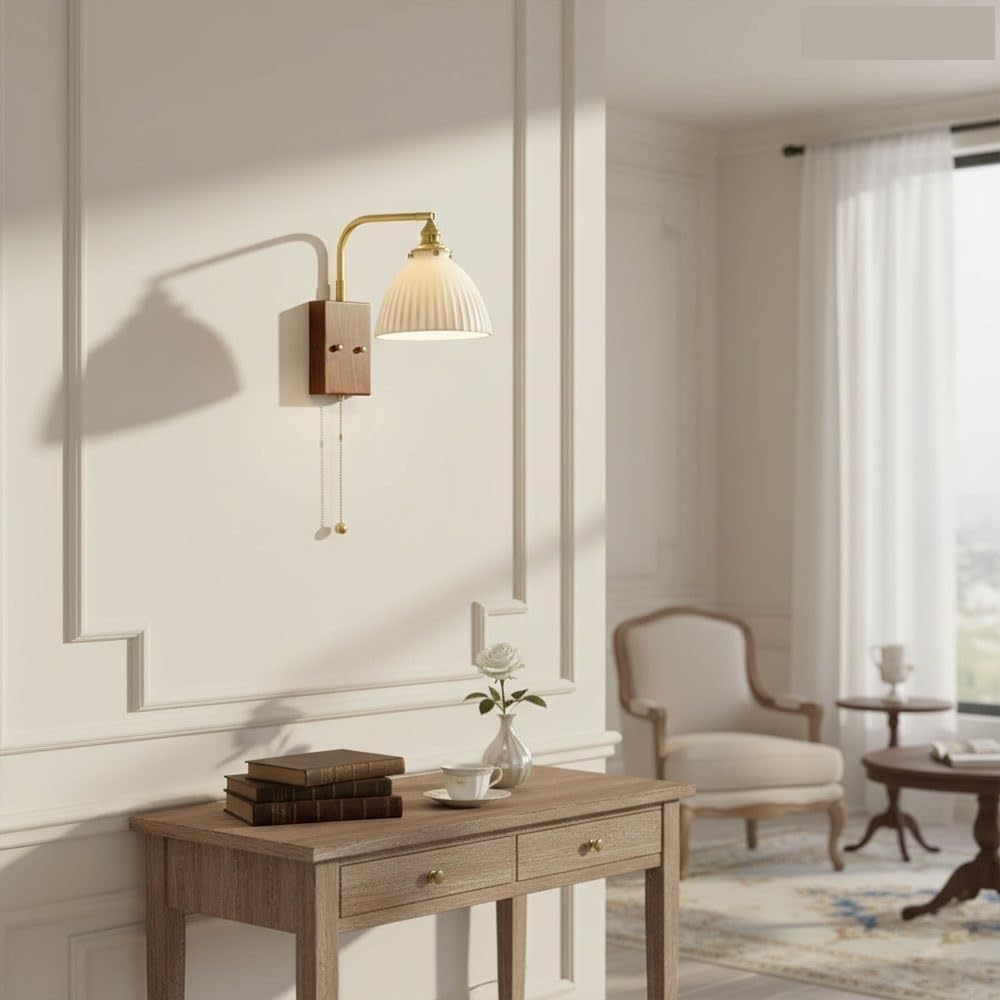 Ribbed Porcelain Wall Sconce, Brass and Wood Base with Pull Chain, Adjustable Wall Light, Nordic Indoor Wall Lamp for Bedroom, Bedside, Living Room, Hallway, Hotel Parlor