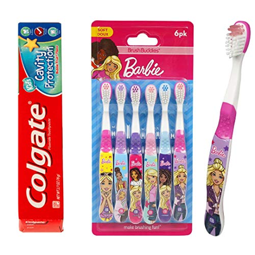 Brush Buddies Barbie Toothbrush (6pk) Bundled Colgate Kids Toothpaste for Children, Kids, Toddlers - (Barbie Bundled- Toothbrushes and Toothpaste))