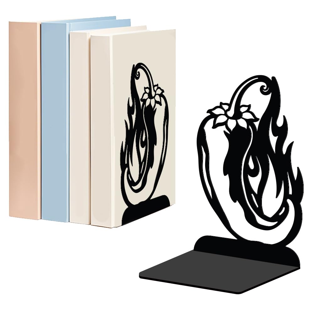 WADORN 1 Pair Chili Pepper Decorative Bookend for Shelves, Black Heavy Duty Metal Book Ends Non-Skid Book Stand Organizer Holder for Home Living Room Library Office Dorm Movies CDs, 5.3x4.3x7.9 Inch