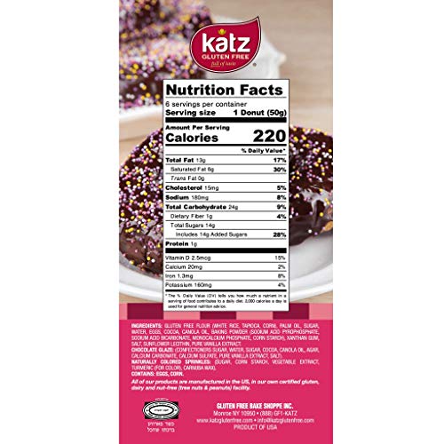 Katz Gluten Free Chocolate Frosted Sprinkle Donuts | Dairy Free, Nut Free, Soy Free, Gluten Free | Kosher (1 Pack Of 6 Donuts, 10.5 Ounce) #TOP2