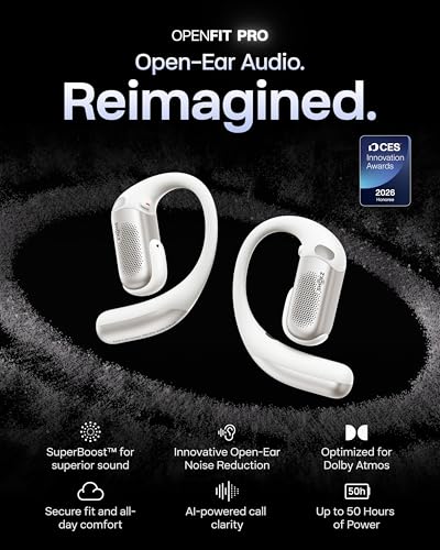 Image of SHOKZ OpenFit Pro Open-Ear True Wireless Earbuds with Open-Ear Noise Reduction, Optimised for Dolby Atmos, Deep Bass, 50H Playtime, AI-Powered Clear Calls for Work, Sport, Bluetooth 6.1, IP55, White