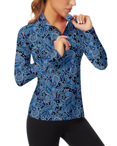 WOWENY Women's Long Sleeve Athletic Shirts Quarter Zip Pullover Collared T-Shirt Workout Print Tennis Top