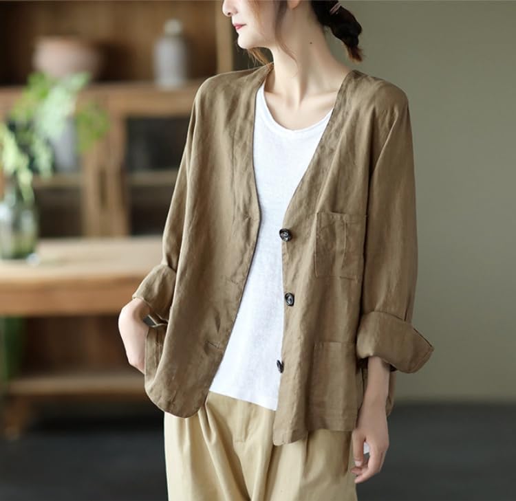 Generico Blazer in Lino da Donna Maniche Lunghe Scollo A V Giacca Blazer Leggera Sfoderata Primavera Estate Casual da Ufficio Cardigan Giacca con Tasche Top Traspirante