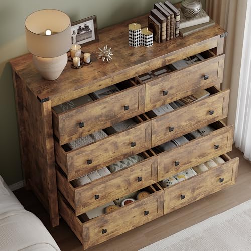 Image of BORNOON Tall 8-Drawer Dresser, Modern Wooden Storage Chest of Drawers, Dresser TV Stand, Wood Drawer Organizer with Metal Handles for Bedroom, Living Room, Hallway